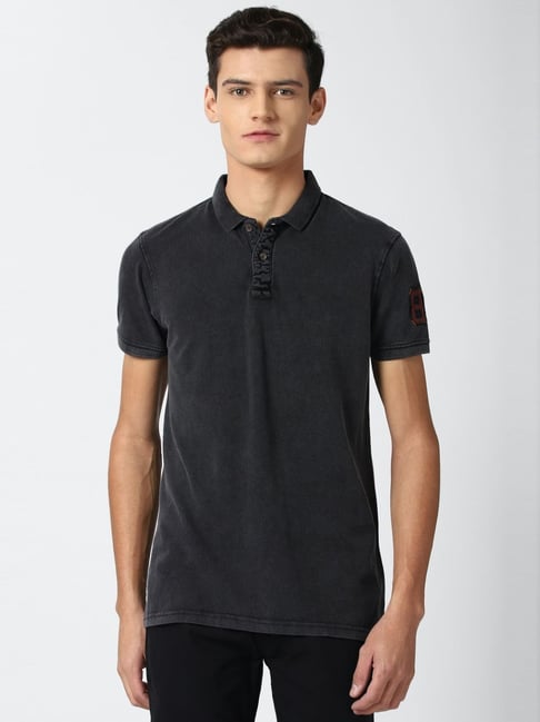 Peter England Casuals Dark Grey Cotton Slim Fit Polo T-Shirt