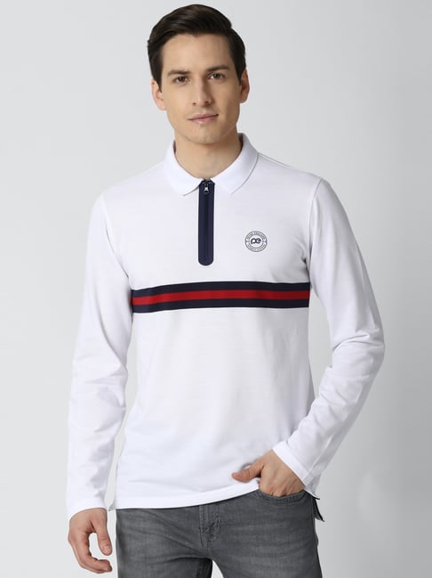 Peter England White Regular Fit Striped Polo T-Shirt