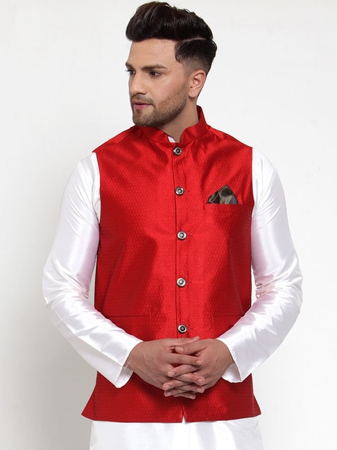 Jompers Maroon Regular Fit Self Pattern Nehru Jacket