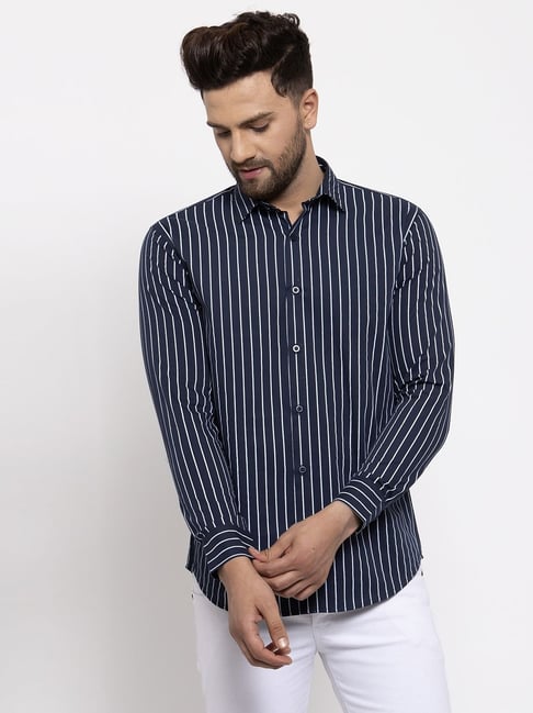 Jainish Navy Cotton Regular Fit Striped Shirt-picture-22