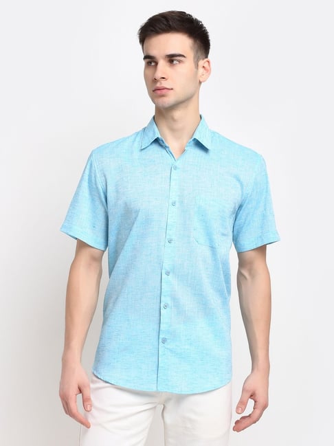 Jainish Blue Cotton Regular Fit Self Pattern Shirt-picture-10