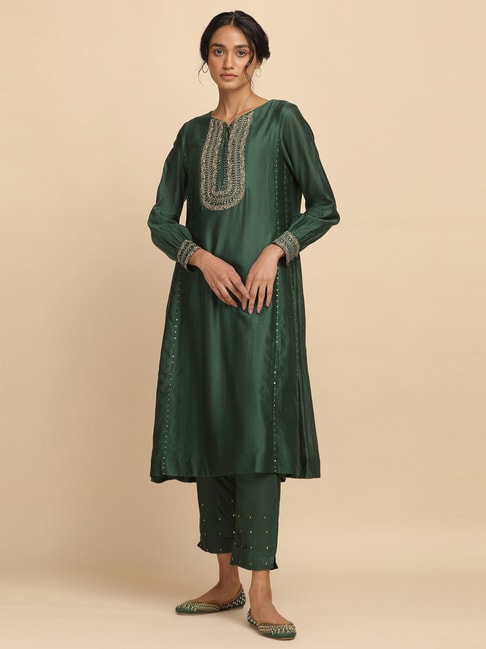 Folksong By W Green Cotton Embellished A Line Kurta Price in India
