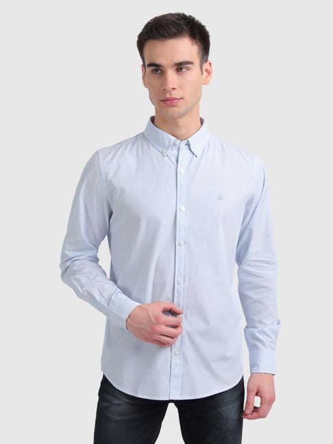 United Colors of Benetton Sky Blue Slim Fit Striped Shirt