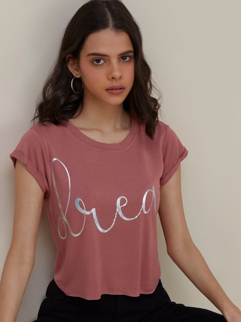 Nuon by Westside Rose Pink Olix Text-Printed Cropped T-Shirt Price in India