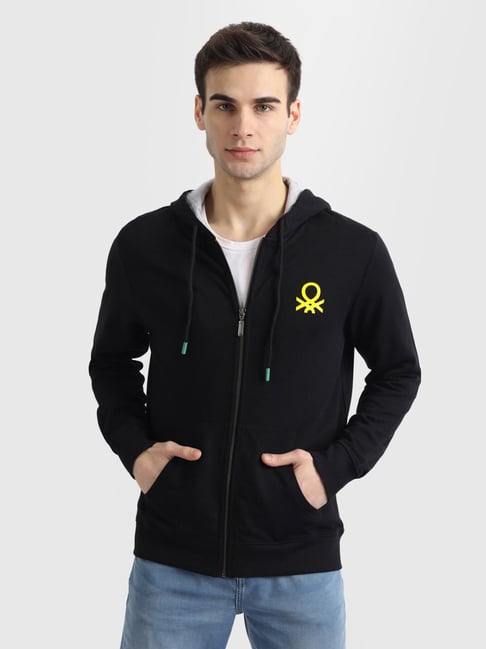 United Colors of Benetton Black Full Sleeves Hooded Sweatshirt