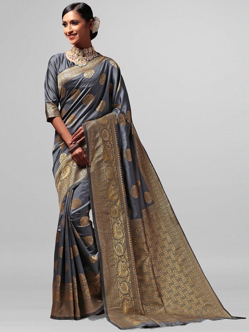 Janasya Grey Printed Saree With Blouse Price in India