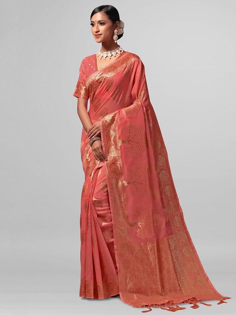 Janasya Pink Printed Saree With Blouse Price in India
