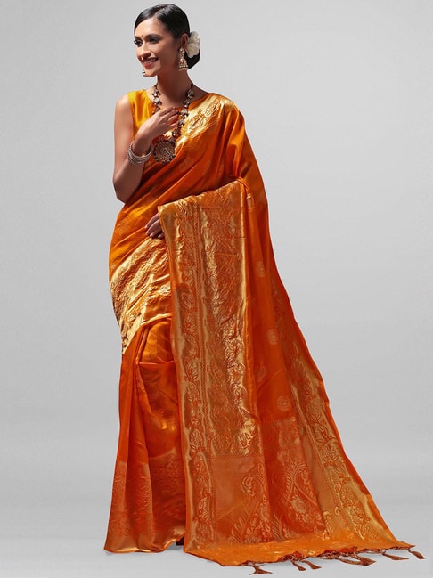 Janasya Orange Printed Saree With Blouse Price in India