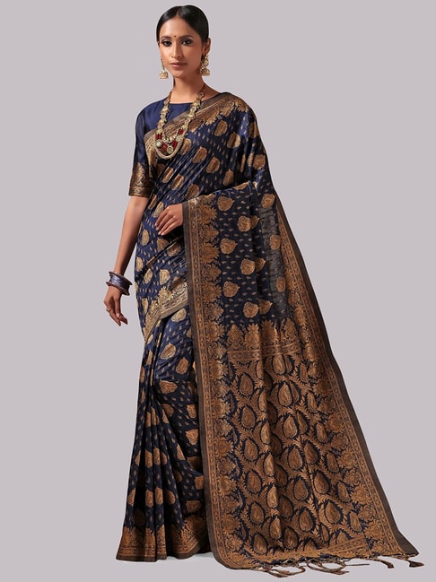 Janasya Blue Printed Saree With Blouse Price in India