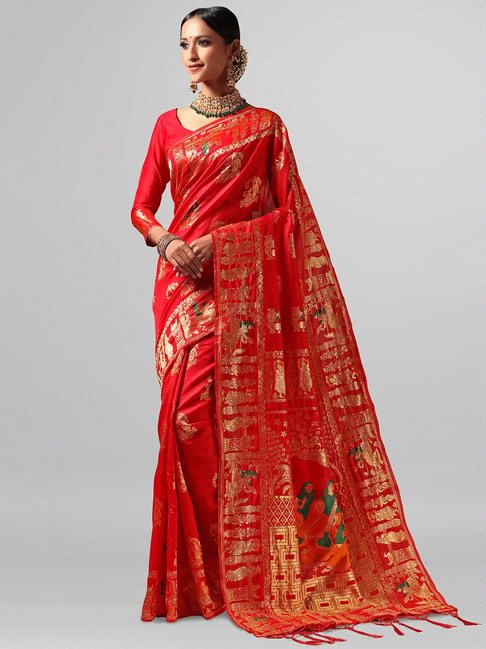 Janasya Red Printed Saree With Blouse Price in India