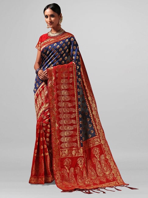 Janasya Blue & Red Printed Saree With Blouse Price in India