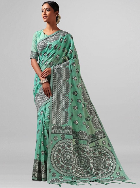 Janasya Green Printed Saree With Blouse Price in India
