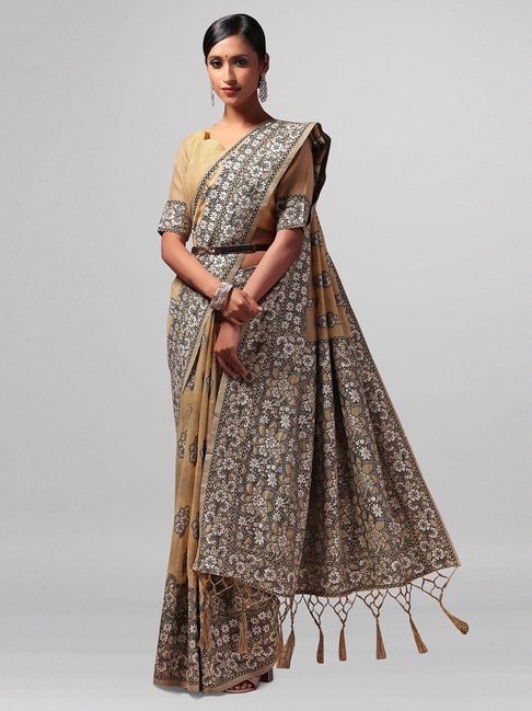 Janasya Beige Printed Saree With Blouse Price in India