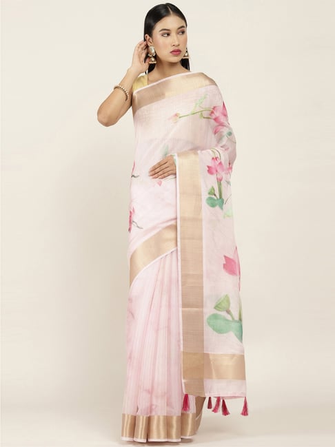 Soch Pink Silk Floral Print Saree With Unstitched Blouse Price in India