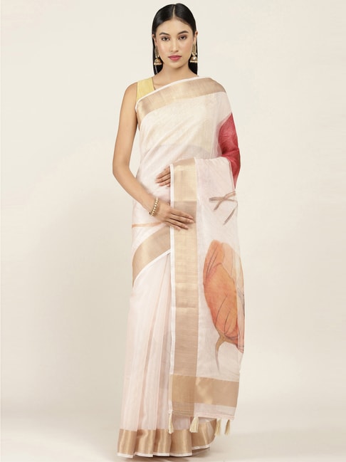 Soch Peach Silk Floral Print Saree With Unstitched Blouse Price in India
