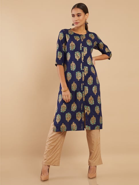 Soch Navy Floral Print Kurta Palazzo Set Price in India