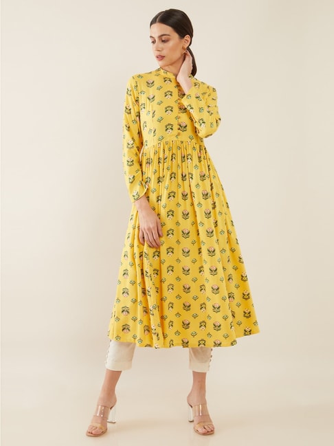 Soch Yellow Floral Print A Line Kurta Price in India