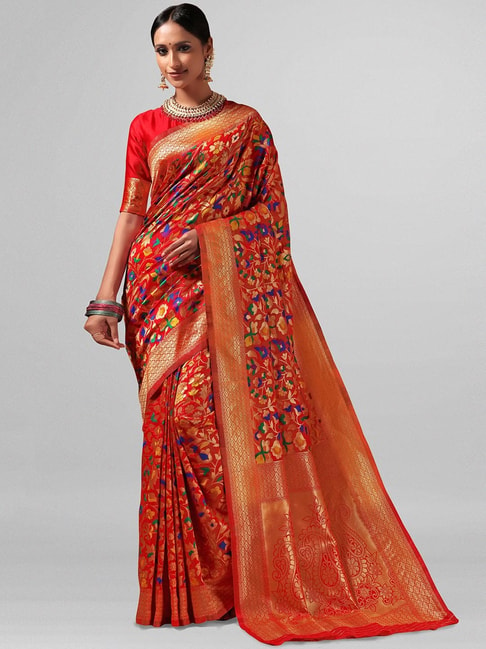 Janasya Red Printed Saree With Blouse Price in India