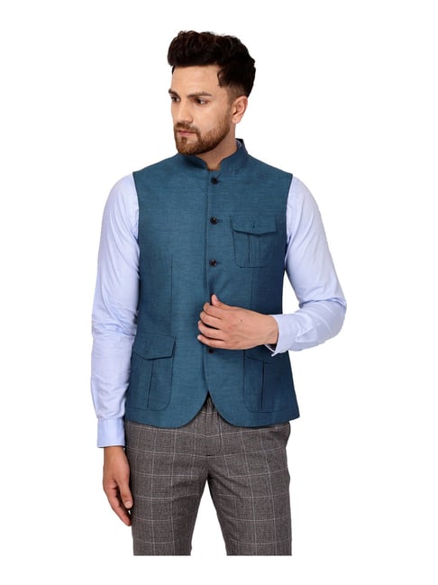 Blackberrys Blue Cotton Slim Fit Self Pattern Nehru Jacket