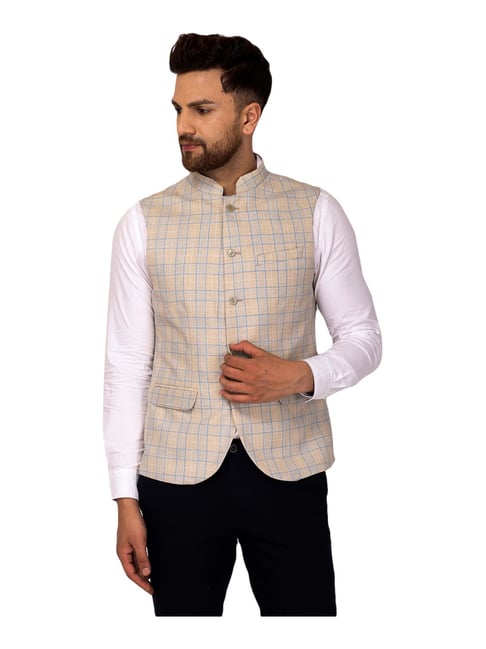 Blackberrys Beige Slim Fit Checks Nehru Jacket