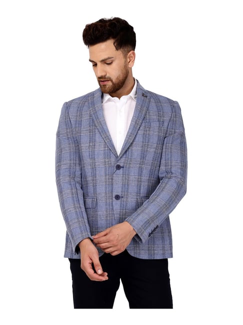 Blackberrys Blue Cotton Slim Fit Checks Blazer