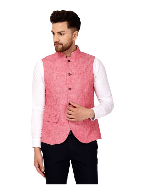 Blackberrys Red Linen Slim Fit Self Pattern Nehru Jacket