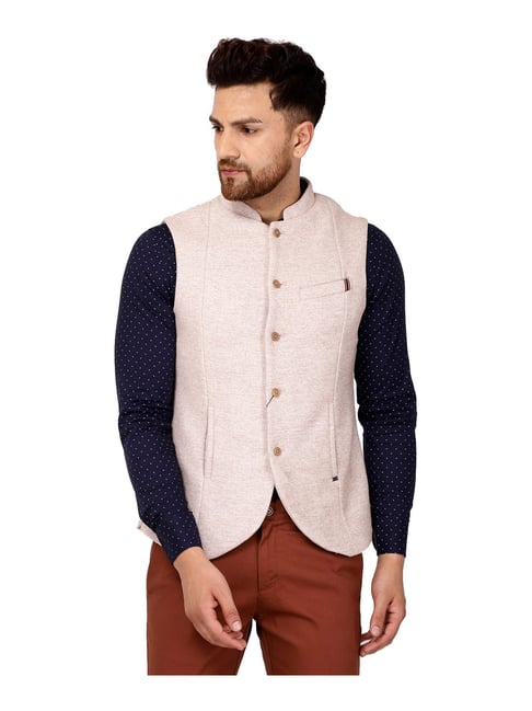 Blackberrys Beige Slim Fit Self Pattern Nehru Jacket