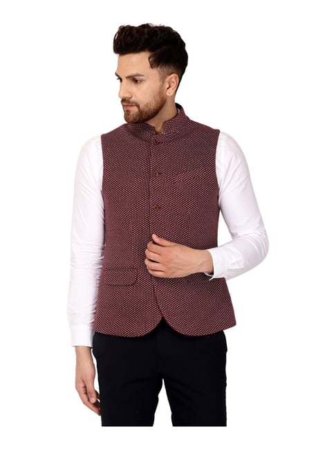 Blackberrys Maroon Cotton Slim Fit Self Pattern Nehru Jacket