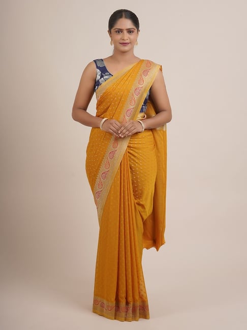 Pothys Yellow Silk Woven Saree With Unstitched Blouse Price in India