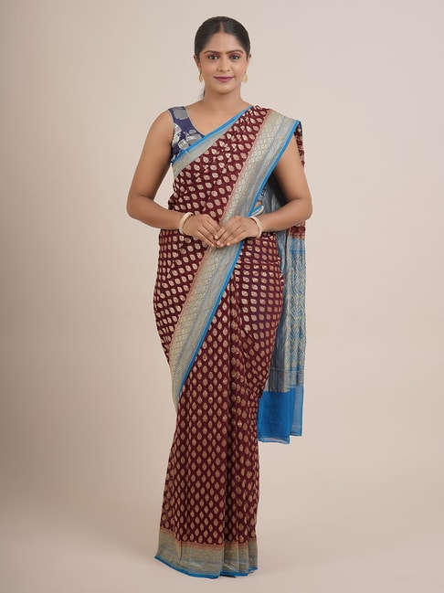Pothys Brown Silk Woven Saree With Unstitched Blouse Price in India