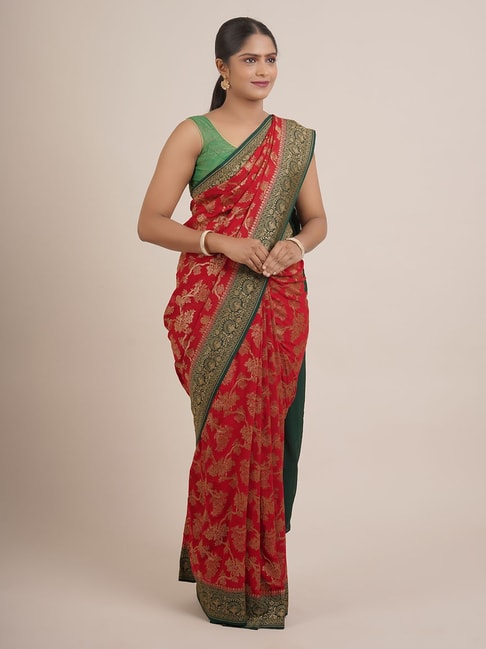 Pothys Red Silk Woven Saree With Unstitched Blouse Price in India