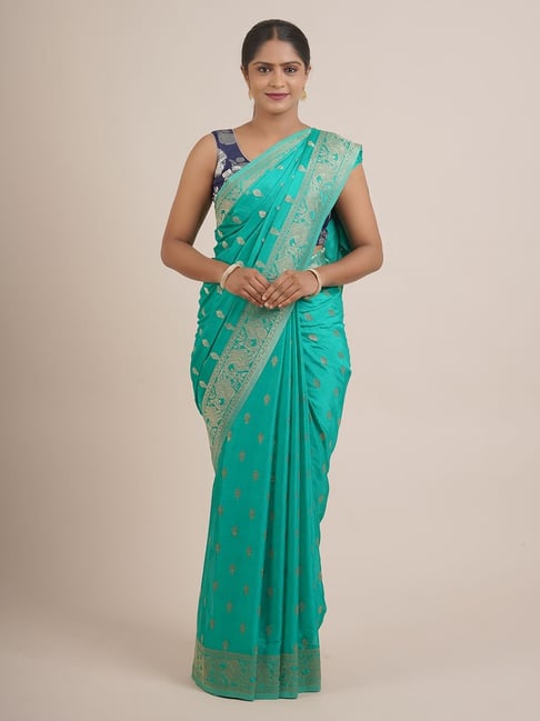 Pothys Turquoise Silk Woven Saree With Unstitched Blouse Price in India