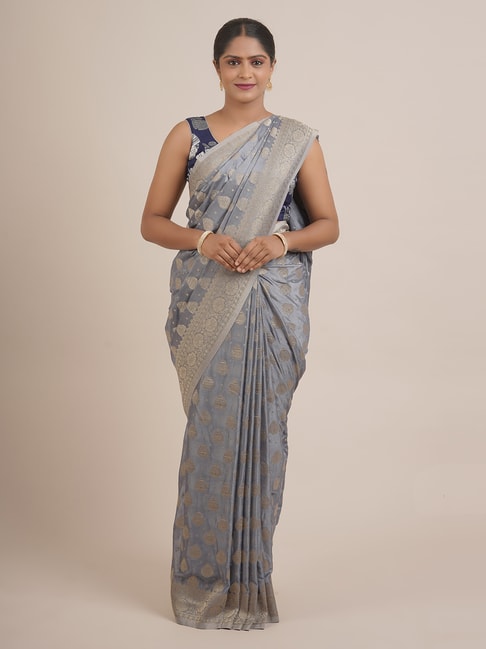 Pothys Grey Silk Woven Saree With Unstitched Blouse Price in India