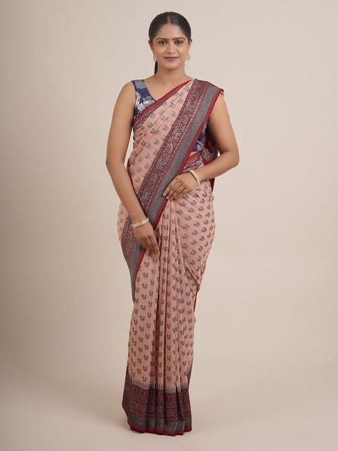 Pothys Peach & Red Silk Woven Saree With Unstitched Blouse Price in India