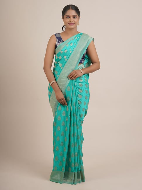 Pothys Turquoise Silk Woven Saree With Unstitched Blouse Price in India