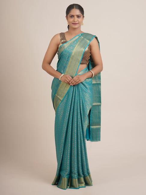 Pothys Turquoise Silk Woven Saree With Unstitched Blouse Price in India