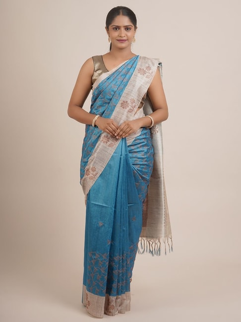 Pothys Blue & Grey Silk Woven Saree With Unstitched Blouse Price in India