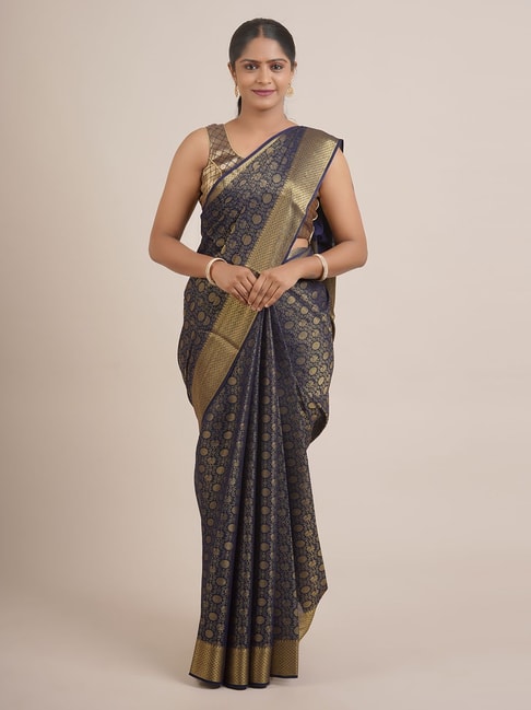 Pothys Navy Silk Woven Saree With Unstitched Blouse Price in India