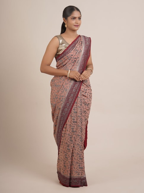 Pothys Peach & Red Silk Woven Saree With Unstitched Blouse Price in India