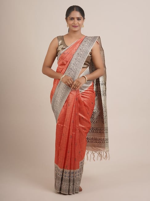Pothys Peach & Grey Silk Woven Saree With Unstitched Blouse Price in India