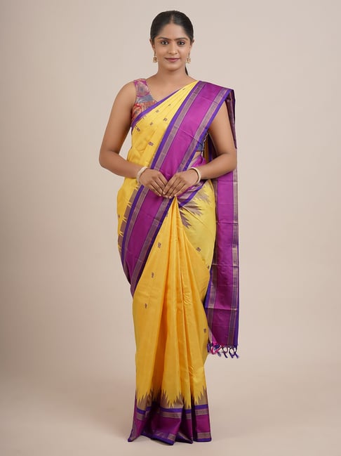 Buy Unnati Silks Purple & Yellow Cotton Saree With Unstitched Blouse for  Women Online @ Tata CLiQ