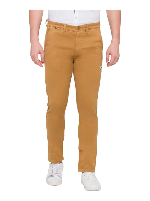 Buy Online|Spykar Men Olive Green Cotton Slim Fit Ankle Length Mid Rise  Trousers