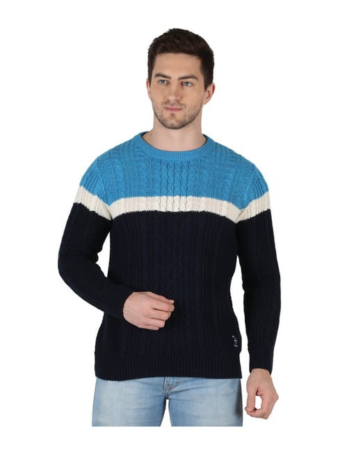 Buy Monte Carlo Navy Blue Colour-Block Pullover for Men Online