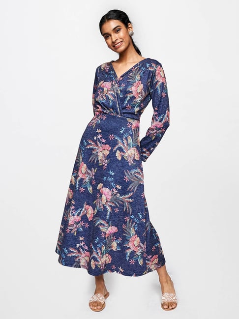 Global Desi Blue Floral Print Dress Price in India