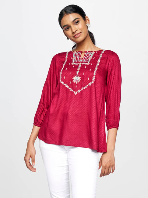 Global Desi Maroon Embroidered Top Price in India