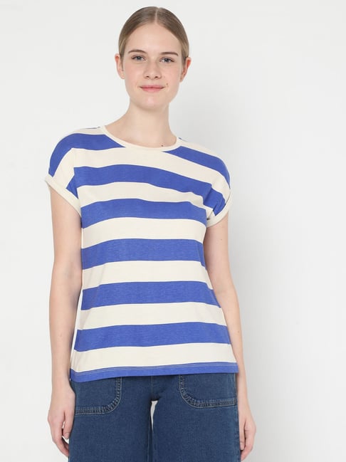 Vero Moda Blue & Beige Striped T-Shirt