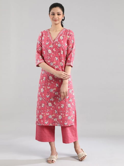 Aurelia Pink Cotton Floral Print Kurta Pant Set