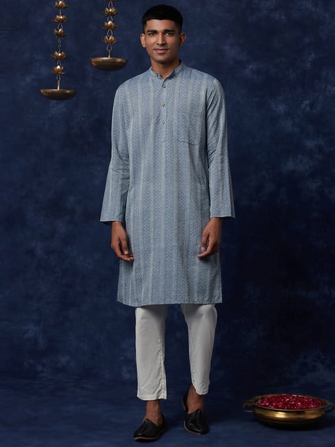 Fabindia Blue Cotton Slim Fit Printed Kurta