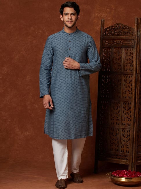 Fabindia Blue Cotton Comfort Fit Printed Kurta