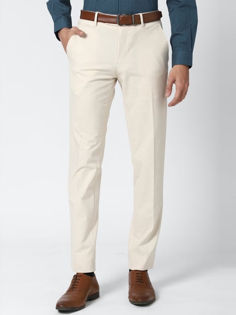 Peter England Beige Slim Fit Flat Front Trousers